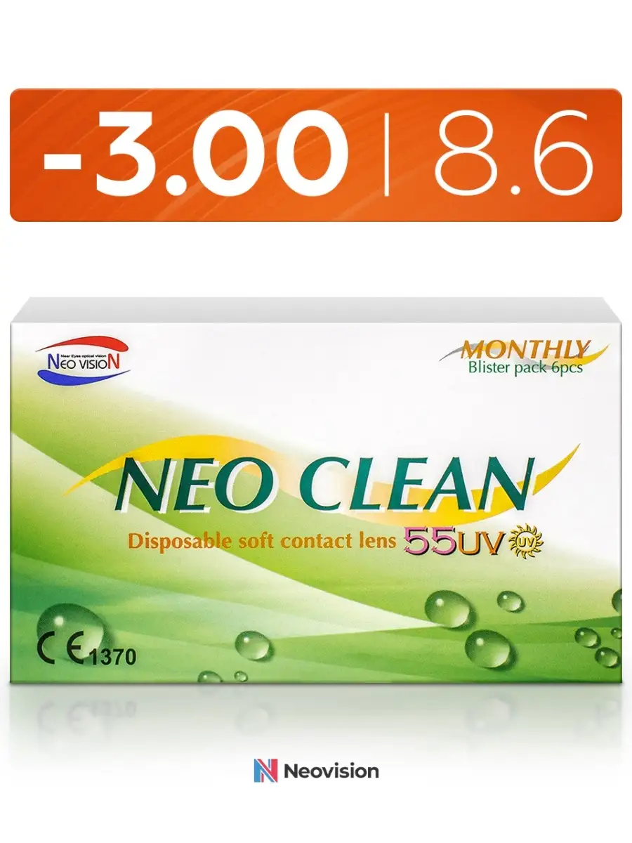 Ежемесячные контактные линзы Neo Clean, 6 линз -3.0, 14.2, 8…