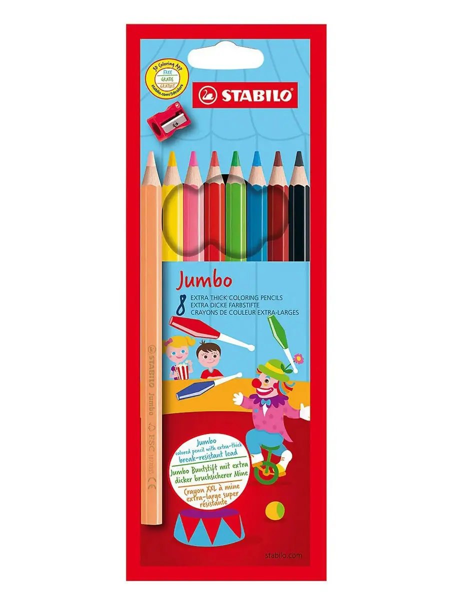 STABILO Карандаши цветные Jumbo утолщенные, 8 цветов + точилка, в  выдвигающейся коробке-пенале