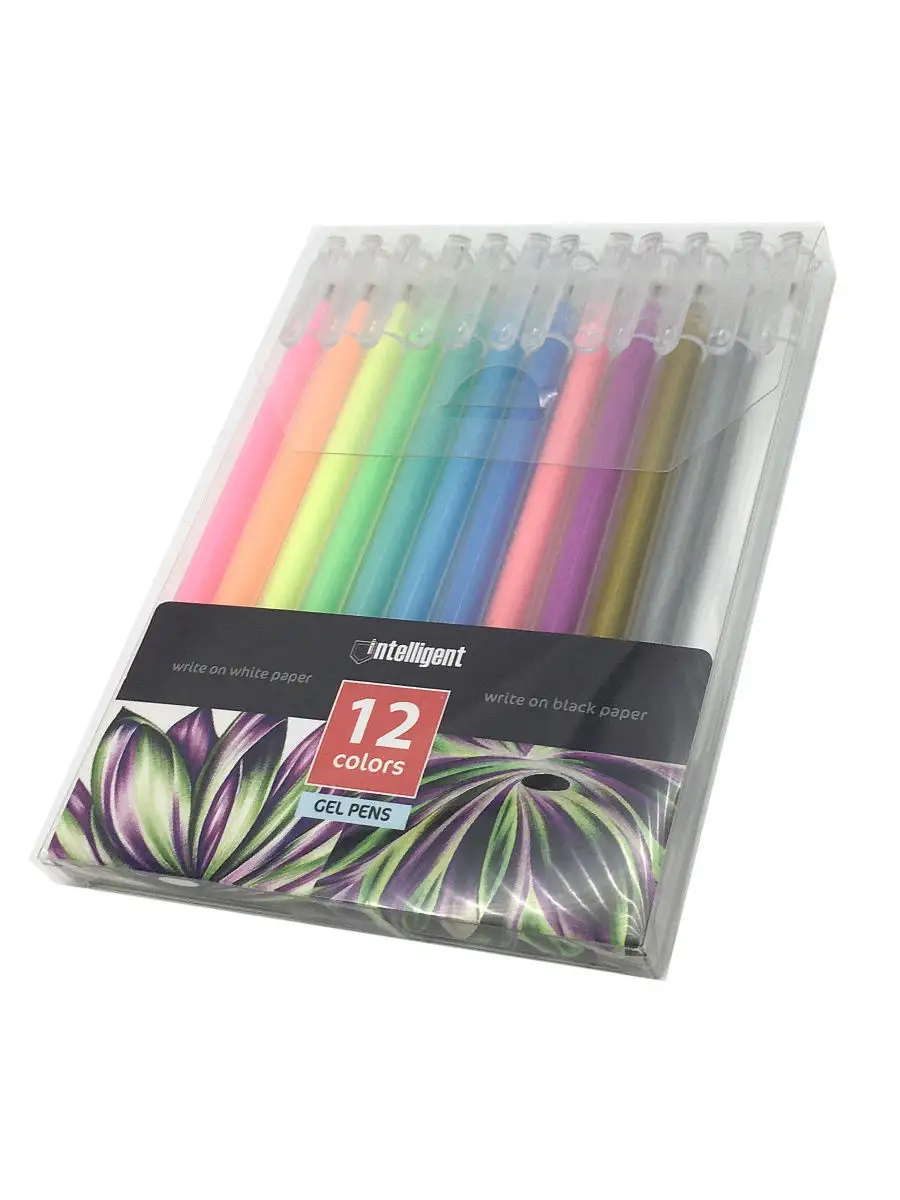 INTELLIGENT Ручки гелевые 12 цветов по черной и белой бумаге
