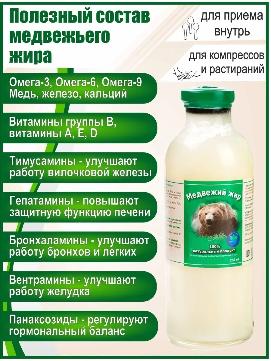 Медвежий жир натуральный, 250 мл Белов А.В. купить по цене 972 ₽ в  интернет-магазине Wildberries | 9246510